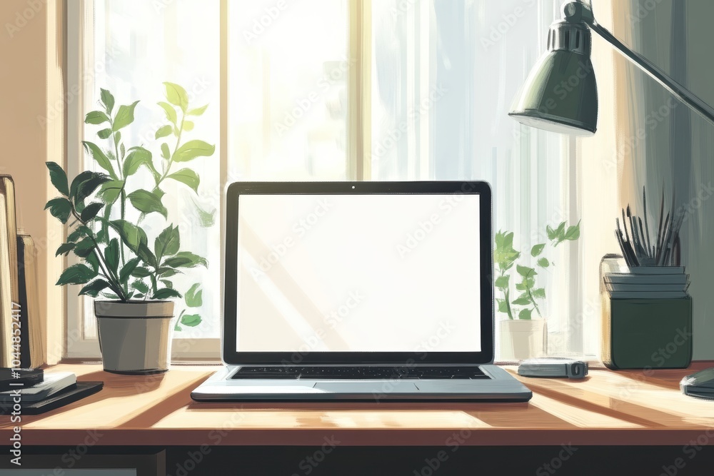 Modern home office setup featuring laptop with blank screen Modern home office setup featuring laptop with blank screen