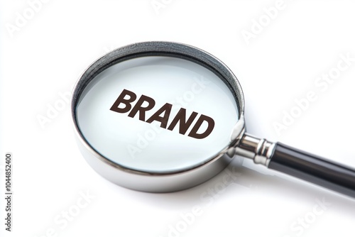 Magnifying glass focusing on the word brand on white background