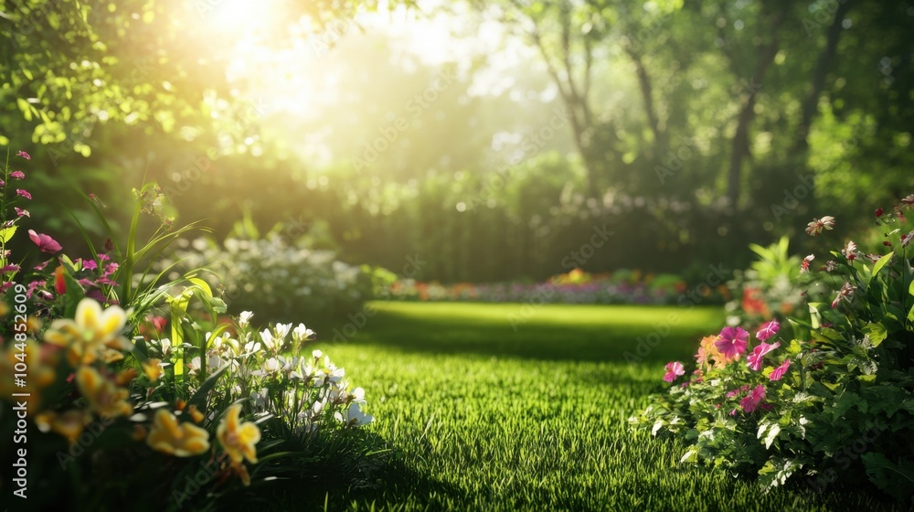 A panoramic banner mockup with a lush green garden with blooming flowers and sunlight, providing ample blank space for commercial text overlay, perfect for gardening or outdoor promotions A panoramic banner mockup with a lush green garden with blooming flowers and sunlight, providing ample blank space for commercial text overlay, perfect for gardening or outdoor promotions