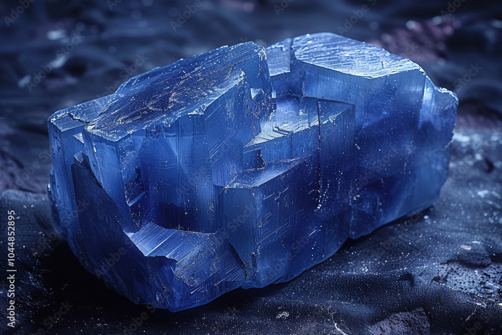 Deep blue Benitoite stone resting on black velvet with striking detail and low key lighting Deep blue Benitoite stone resting on black velvet with striking detail and low key lighting