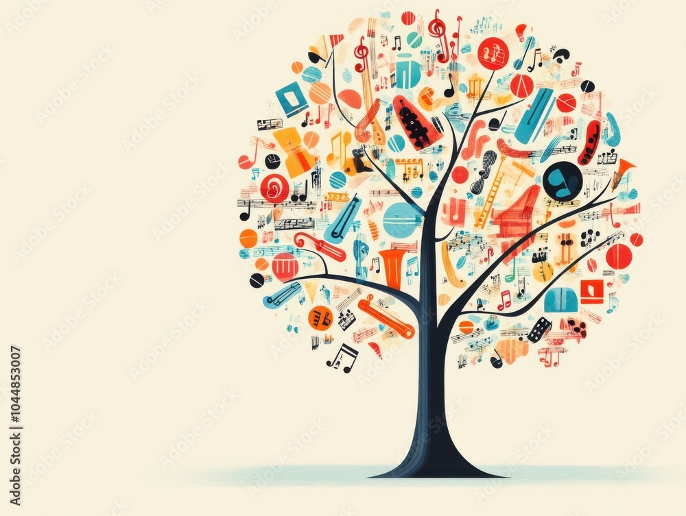 A vibrant tree design filled with colorful music and art symbols, representing creativity and inspiration in a playful manner. A vibrant tree design filled with colorful music and art symbols, representing creativity and inspiration in a playful manner.