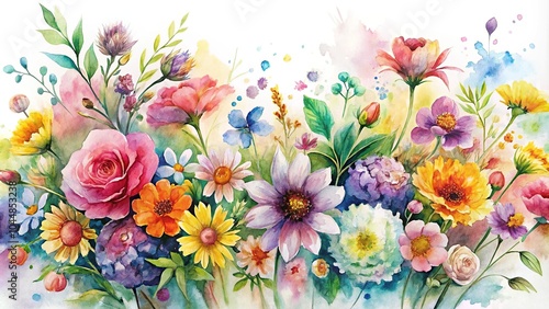 watercolor paint splatter bursting with colorful flowers