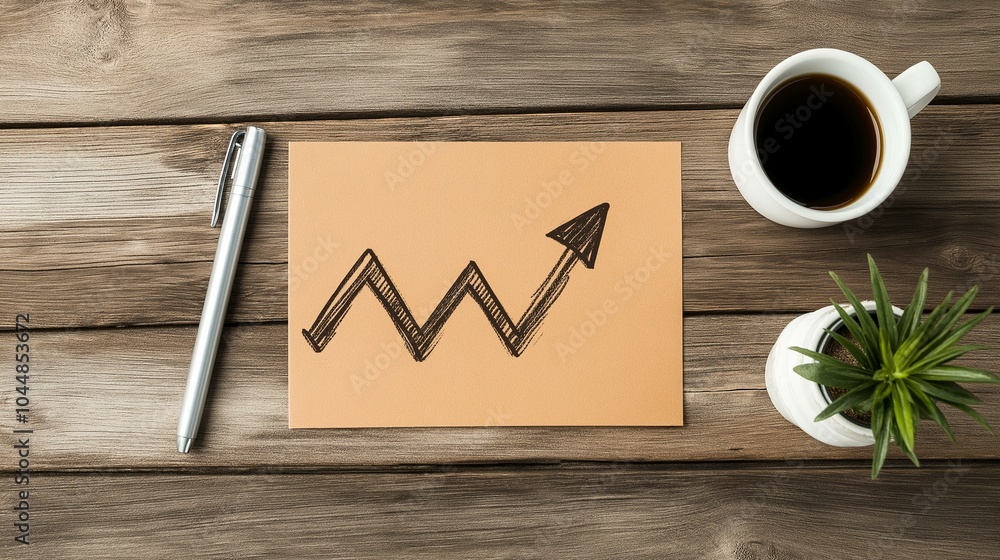 Growth Chart Illustration on Wooden Desk with Coffee, Pen, and Plant Indicating Business Success and Financial Progress Growth Chart Illustration on Wooden Desk with Coffee, Pen, and Plant Indicating Business Success and Financial Progress