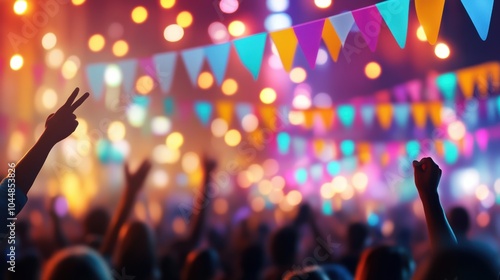 Wallpaper Mural Festive crowd enjoying a vibrant night under colorful lights and bunting, AI Torontodigital.ca