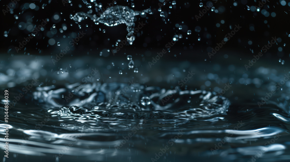 Water droplets splashing in slow motion create mesmerizing patterns and ripples on surface, showcasing beauty of fluid dynamics and elegance of nature Water droplets splashing in slow motion create mesmerizing patterns and ripples on surface, showcasing beauty of fluid dynamics and elegance of nature