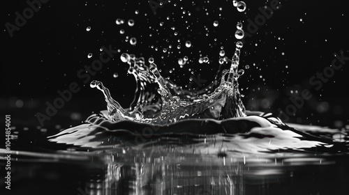 Water droplets splashing in slow motion create mesmerizing display of movement and beauty, capturing essence of fluid dynamics in striking black and white composition