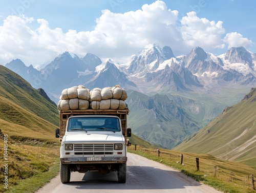 A white truck transporting goods through a scenic mountainous landscape under a clear blue sky.