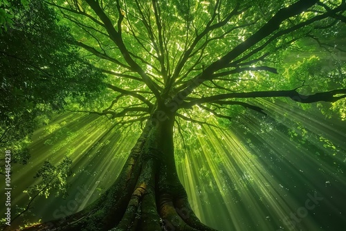 The bright sun is shining beautifully through the branches of a tree