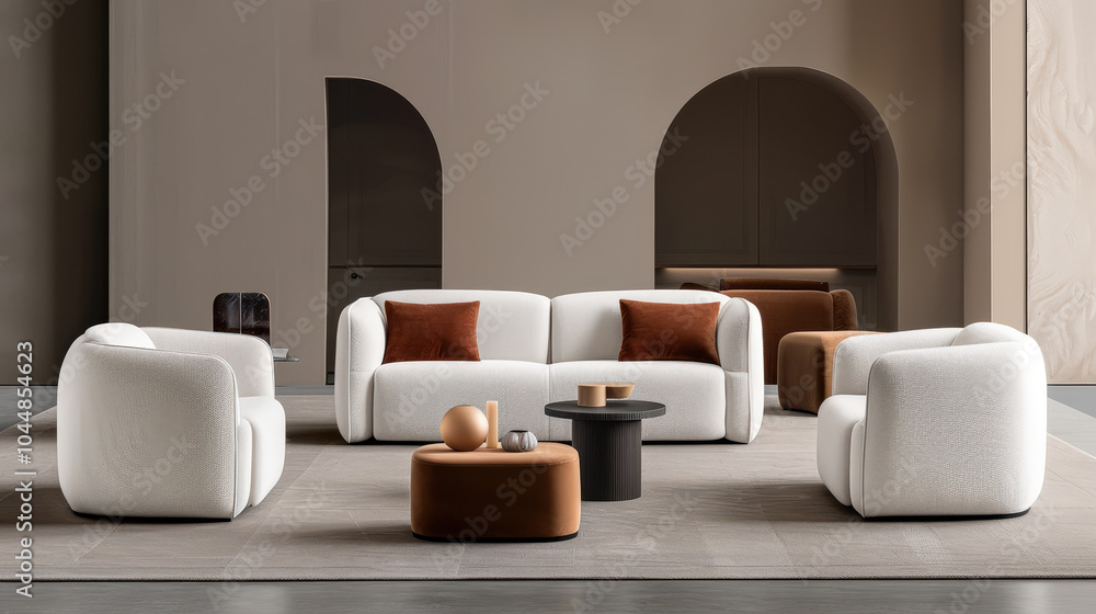 minimalist living room design featuring soft, rounded furniture in neutral tones, complemented by warm accents. space exudes calm and inviting atmosphere minimalist living room design featuring soft, rounded furniture in neutral tones, complemented by warm accents. space exudes calm and inviting atmosphere