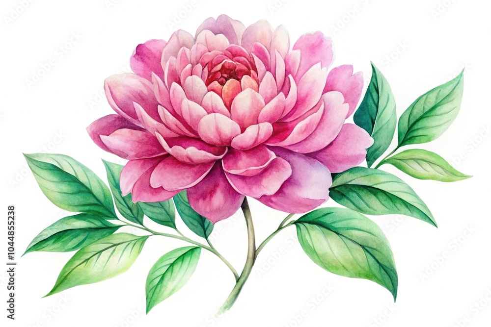 Watercolor painting of a big pink flower and green leaves silhouette Watercolor painting of a big pink flower and green leaves silhouette