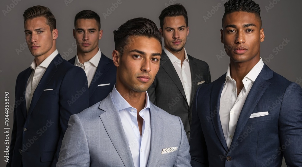 A group of men, all dressed in suits, are standing close together A group of men, all dressed in suits, are standing close together