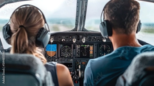 Flight instructor and student pilot in a small aircraft, demonstrating training procedures