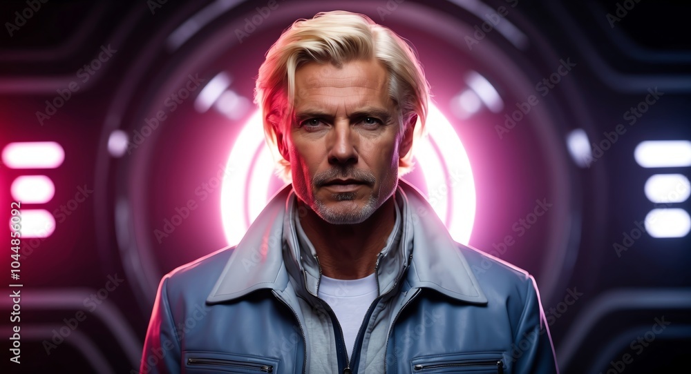 blonde mature guy futuristic tech bright background wearing fashion portrait blonde mature guy futuristic tech bright background wearing fashion portrait