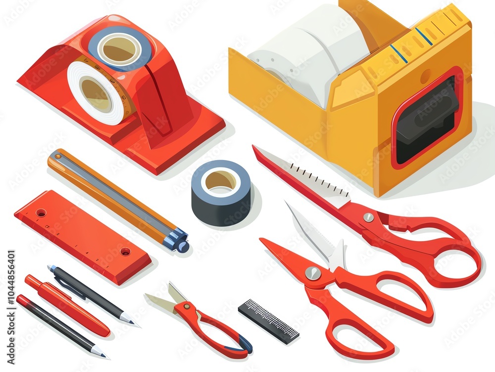 A set of office supplies including a tape dispenser and scissors A set of office supplies including a tape dispenser and scissors