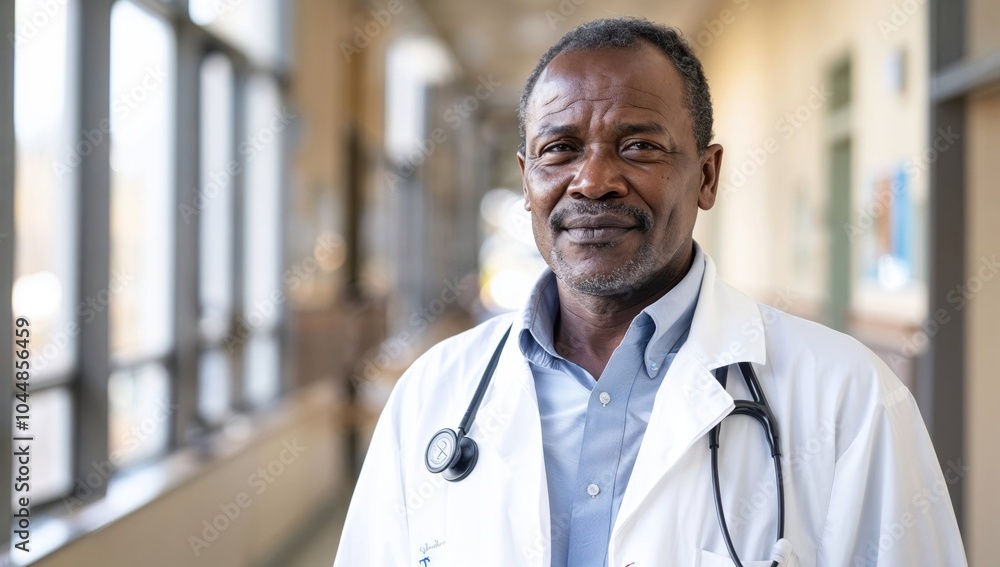 A doctor with a stethoscope stands in a hospital hallway A doctor with a stethoscope stands in a hospital hallway