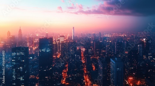 A panoramic banner mockup with a vibrant cityscape at dusk, featuring silhouetted skyscrapers and twinkling lights, providing blank space for commercial text overlay, for urban or nightlife promotions