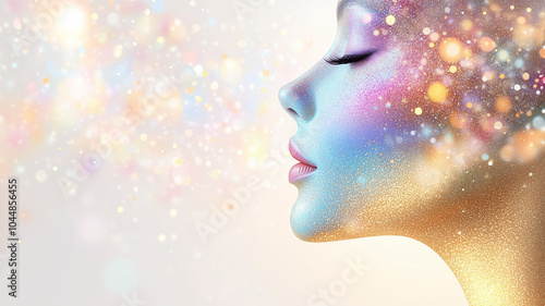 The artwork portrays a woman's profile adorned with colorful hues and sparkles, expressing creativity and elegance