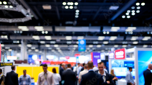 An expo hall bustling with activity and attendees, business conference, blurred background, with copy space