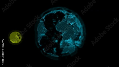 ホログラムの様なデジタルなデザインの地球と月が回転する動画