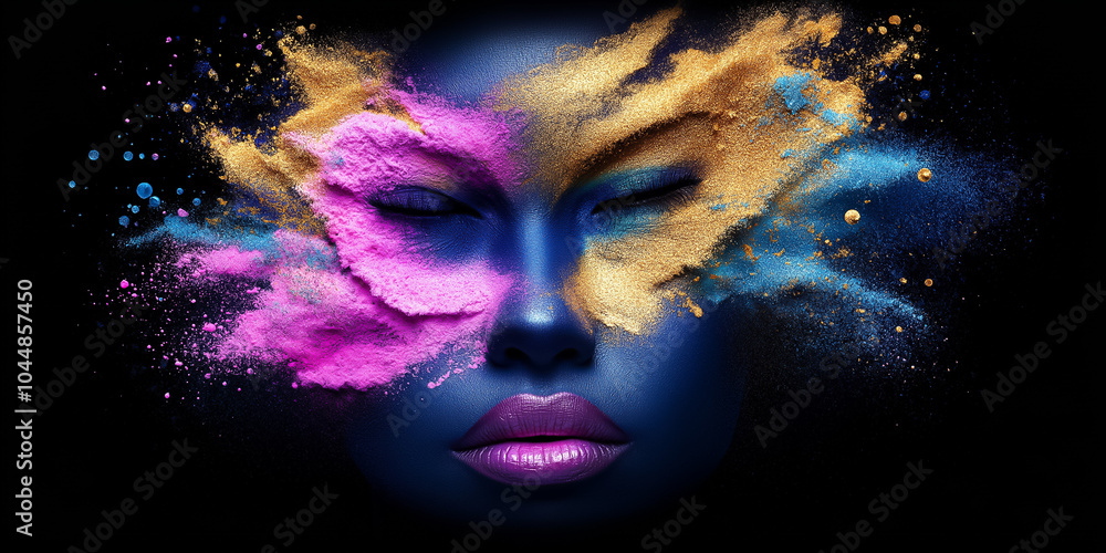 An artistic rendering captures a woman's face covered in dynamic, colorful powders representing emotion and creativity An artistic rendering captures a woman's face covered in dynamic, colorful powders representing emotion and creativity