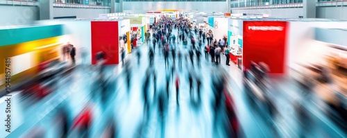 Blurred motion of people walking through a vibrant exhibition hall, showcasing dynamic energy and interaction.