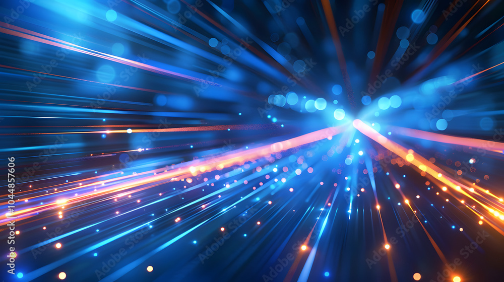 Vector Abstract, science, futuristic, energy technology concept. Digital image of light rays, stripes lines with blue light, speed and motion blur over dark blue background