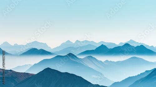 Breathtaking mist rising over peaks of green mountains creates serene landscape. soft blue hues evoke sense of calm and tranquility in natures beauty