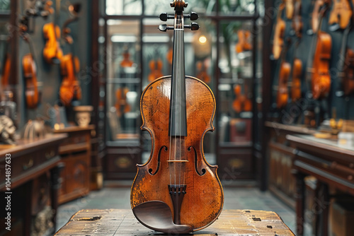 Showcase of antique violins, vintage musical instruments in a row. Production of antique string instruments. photo