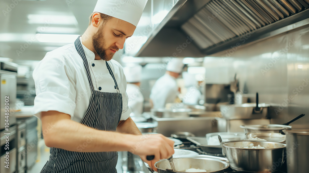 A chef skillfully prepares a dish in a bustling restaurant kitchen, showcasing culinary expertise and creativity in a professional environment. A chef skillfully prepares a dish in a bustling restaurant kitchen, showcasing culinary expertise and creativity in a professional environment.