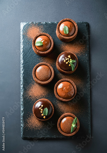 Decadent chocolate desserts on slate plate for gourmet presentation and culinary art