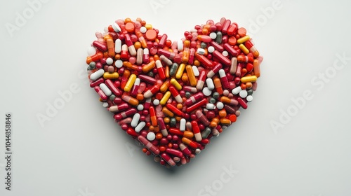 2410 27.A heart-shaped design made from capsules and tablets, emphasizing the importance of bio additives and supplements in maintaining a healthy heart. The variety of pill colors and shapes adds a