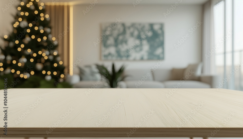 Empty modern smooth wooden table top for product presentation, blurred well lit white and green living room with Christmas tree and Christmas decorations on background
Empty modern smooth wooden table top for product presentation, blurred well lit white and green living room with Christmas tree and Christmas decorations on background