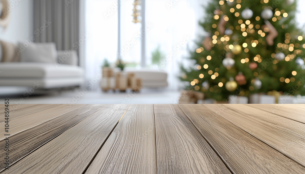 Empty modern smooth wooden table top for product presentation, blurred well lit white and green living room with Christmas tree and Christmas decorations on background
Empty modern smooth wooden table top for product presentation, blurred well lit white and green living room with Christmas tree and Christmas decorations on background