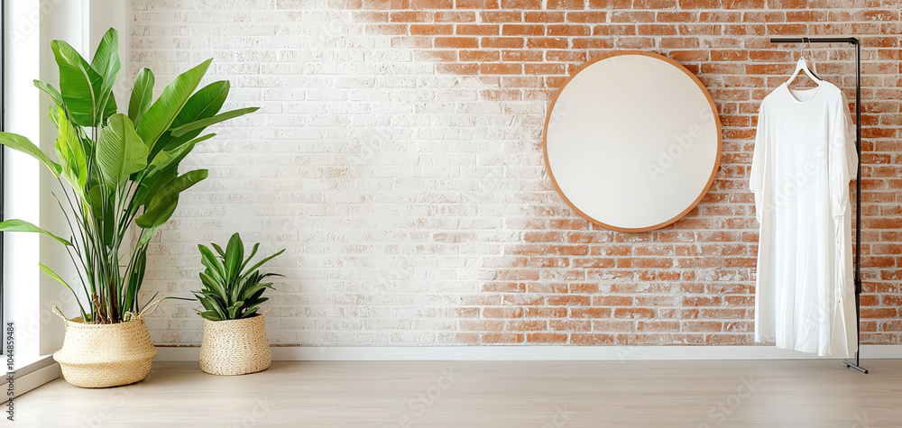 Elegant industrial-style dressing room featuring exposed brick walls chic round mirror and lush greenery for a contemporary aesthetic Elegant industrial-style dressing room featuring exposed brick walls chic round mirror and lush greenery for a contemporary aesthetic