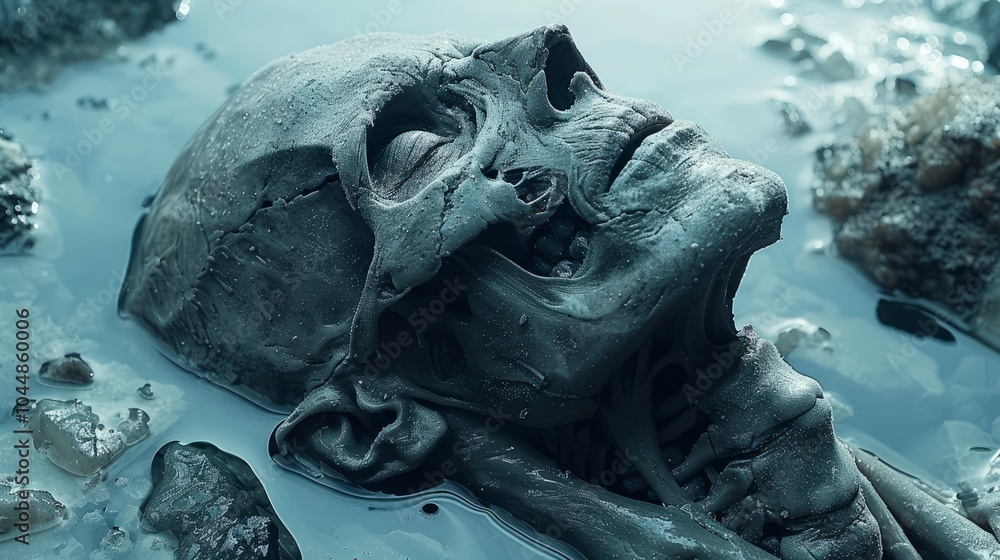 A well-preserved ancient skeleton lies partially submerged in mud, surrounded by stones, evoking mystery and reflecting a long-lost world A well-preserved ancient skeleton lies partially submerged in mud, surrounded by stones, evoking mystery and reflecting a long-lost world
