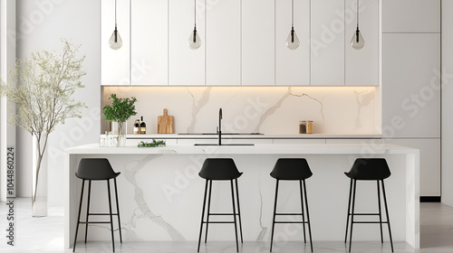 Minimalist Kitchen with White Cabinets, Black Bar Stools, and Marble Countertop with Fresh Herbs in Glass Vase