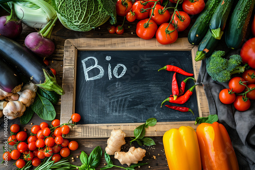 Organic vegetables arrangement with Bio chalkboard sign. Generative AI image