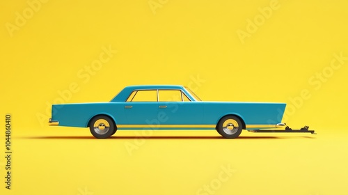 A blue car with a trailer, looking very real, is shown against a yellow background. This is a computer-generated image. photo