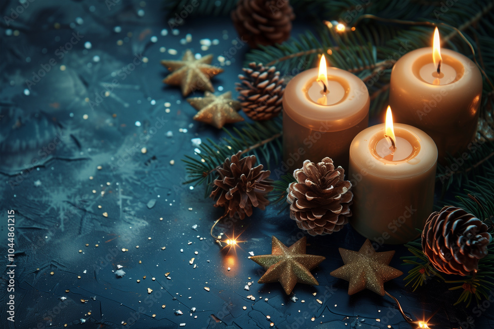 Christmas candles and pine cones on festive background. Generative AI image Christmas candles and pine cones on festive background. Generative AI image