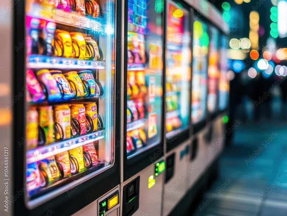 Colorful vending machines illuminated at night offer a variety of snacks in a lively urban setting. Colorful vending machines illuminated at night offer a variety of snacks in a lively urban setting.