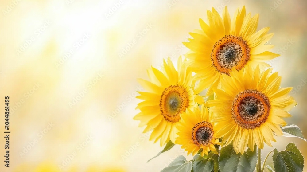 Fototapeta premium Cluster of sunflowers in soft golden light with a blurred background, creating a warm, vibrant, and sunny atmosphere.