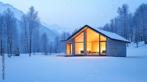 Cozy modern house in snowy landscape at twilight, providing warmth and comfort amidst serene winter scenery.