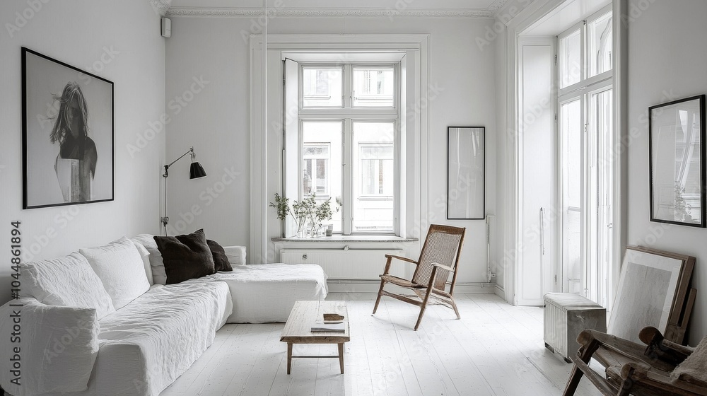 Fototapeta premium A bright, white living room with a simple sofa. It's a modern style, like the Scandinavian look.