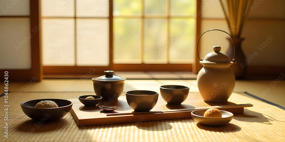 Japanese tea set in ryokan restaurant Japanese tea set in ryokan restaurant