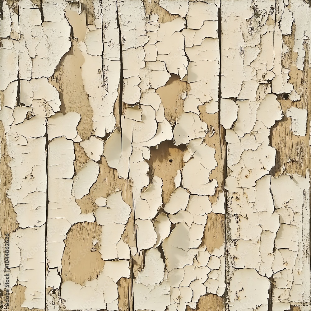 Obraz premium Close-up of aged, peeling white paint on wooden surface, showcasing texture and decay.