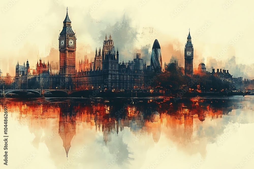 Naklejka premium London cityscape double exposure contemporary style minimalist artwork collage illustration design