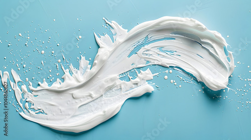 White cosmetic cream lotion moisturizer strokes on pastel blue. Hygiene, skincare product creamy texture. Beauty face creme smear smudge swatch on color background
