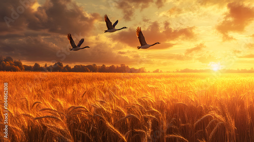 Fototapeta Naklejka Na Ścianę i Meble -  Wild geese flying over a golden wheat field at sunset during Thanksgiving.
