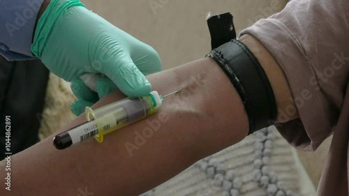 Taking blood sample from right arm of patient to test for various ailments and diseases at 30 fps