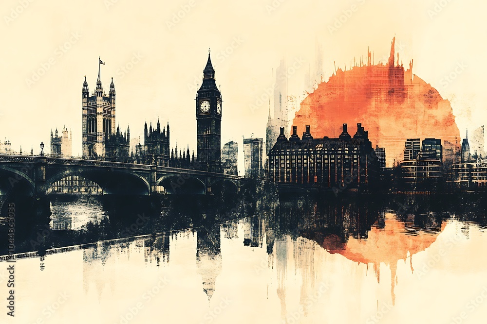 Naklejka premium London cityscape double exposure contemporary style minimalist artwork collage illustration design 